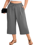 SHOWMALL Plus Size Cropped Pants for Women, Flowy Wide Leg Capris for Casual & Resort Wear, Lightweight High Rise Travel Pants with Pockets