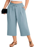 SHOWMALL Plus Size Cropped Pants for Women, Flowy Wide Leg Capris for Casual & Resort Wear, Lightweight High Rise Travel Pants with Pockets