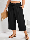 SHOWMALL Plus Size Cropped Pants for Women, Flowy Wide Leg Capris for Casual & Resort Wear, Lightweight High Rise Travel Pants with Pockets