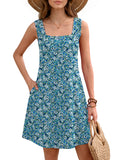 Women's Summer Square Neck Sleeveless Dress with Pockets, Floral Casual A-Line Mini Sundress