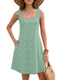 Women's Summer Square Neck Sleeveless Dress with Pockets, Floral Casual A-Line Mini Sundress