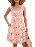 Women's Summer Square Neck Sleeveless Dress with Pockets, Floral Casual A-Line Mini Sundress