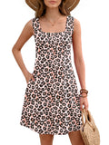 Women's Summer Square Neck Sleeveless Dress with Pockets, Floral Casual A-Line Mini Sundress