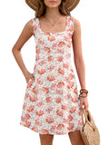 Women's Summer Square Neck Sleeveless Dress with Pockets, Floral Casual A-Line Mini Sundress