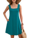 Women's Summer Square Neck Sleeveless Dress with Pockets, Floral Casual A-Line Mini Sundress
