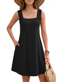 Women's Summer Square Neck Sleeveless Dress with Pockets, Floral Casual A-Line Mini Sundress
