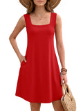 Women's Summer Square Neck Sleeveless Dress with Pockets, Floral Casual A-Line Mini Sundress