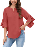 Chiclily Women Blouse 3/4 Sleeve Work Shirt Split Neck Tunic Top Office Wear