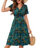 Chiclily Womens Summer Short Sleeve Casual Dresses V-Neck Boho Midi Dress with Pockets