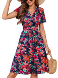 Chiclily Womens Summer Short Sleeve Casual Dresses V-Neck Boho Midi Dress with Pockets