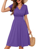 Chiclily Womens Summer Short Sleeve Casual Dresses V-Neck Boho Midi Dress with Pockets