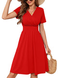 Chiclily Womens Summer Short Sleeve Casual Dresses V-Neck Boho Midi Dress with Pockets