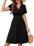 Chiclily Womens Summer Short Sleeve Casual Dresses V-Neck Boho Midi Dress with Pockets