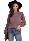 SHOWMALL Trendy Waffle Knit Blouse Puff Long Sleeve Hollow-Out Lace Tops