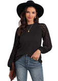 SHOWMALL Trendy Waffle Knit Blouse Puff Long Sleeve Hollow-Out Lace Tops