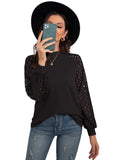 SHOWMALL Trendy Waffle Knit Blouse Puff Long Sleeve Hollow-Out Lace Tops