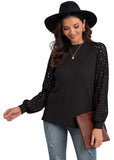 SHOWMALL Trendy Waffle Knit Blouse Puff Long Sleeve Hollow-Out Lace Tops