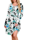 Chiclily Women's Long Sleeve Fall Dress Floral Casual Pleated Swing T-Shirt Dresses with Pockets