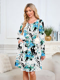 Chiclily Women's Long Sleeve Fall Dress Floral Casual Pleated Swing T-Shirt Dresses with Pockets