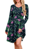 Chiclily Women's Long Sleeve Fall Dress Floral Casual Pleated Swing T-Shirt Dresses with Pockets