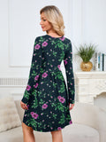 Chiclily Women's Long Sleeve Fall Dress Floral Casual Pleated Swing T-Shirt Dresses with Pockets