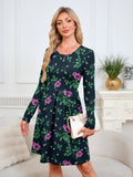 Chiclily Women's Long Sleeve Fall Dress Floral Casual Pleated Swing T-Shirt Dresses with Pockets