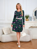 Chiclily Women's Long Sleeve Fall Dress Floral Casual Pleated Swing T-Shirt Dresses with Pockets