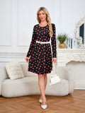 Chiclily Women's Long Sleeve Fall Dress Floral Casual Pleated Swing T-Shirt Dresses with Pockets