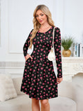 Chiclily Women's Long Sleeve Fall Dress Floral Casual Pleated Swing T-Shirt Dresses with Pockets