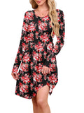 Chiclily Women's Long Sleeve Fall Dress Floral Casual Pleated Swing T-Shirt Dresses with Pockets