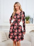 Chiclily Women's Long Sleeve Fall Dress Floral Casual Pleated Swing T-Shirt Dresses with Pockets