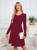 Chiclily Women's Long Sleeve Fall Dress Floral Casual Pleated Swing T-Shirt Dresses with Pockets