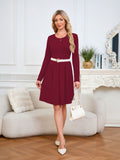 Chiclily Women's Long Sleeve Fall Dress Floral Casual Pleated Swing T-Shirt Dresses with Pockets
