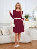 Chiclily Women's Long Sleeve Fall Dress Floral Casual Pleated Swing T-Shirt Dresses with Pockets