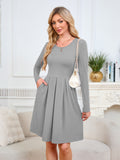 Chiclily Women's Long Sleeve Fall Dress Floral Casual Pleated Swing T-Shirt Dresses with Pockets