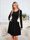 Chiclily Women's Long Sleeve Fall Dress Floral Casual Pleated Swing T-Shirt Dresses with Pockets