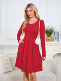 Chiclily Women's Long Sleeve Fall Dress Floral Casual Pleated Swing T-Shirt Dresses with Pockets