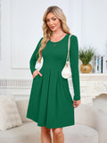 Chiclily Women's Long Sleeve Fall Dress Floral Casual Pleated Swing T-Shirt Dresses with Pockets