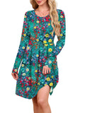 Chiclily Women's Long Sleeve Fall Dress Floral Casual Pleated Swing T-Shirt Dresses with Pockets