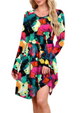 Chiclily Women's Long Sleeve Fall Dress Floral Casual Pleated Swing T-Shirt Dresses with Pockets