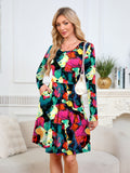 Chiclily Women's Long Sleeve Fall Dress Floral Casual Pleated Swing T-Shirt Dresses with Pockets