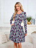 Chiclily Women's Long Sleeve Fall Dress Floral Casual Pleated Swing T-Shirt Dresses with Pockets