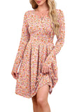 Chiclily Women's Long Sleeve Fall Dress Floral Casual Pleated Swing T-Shirt Dresses with Pockets