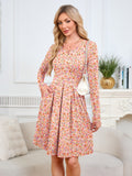 Chiclily Women's Long Sleeve Fall Dress Floral Casual Pleated Swing T-Shirt Dresses with Pockets