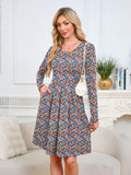 Chiclily Women's Long Sleeve Fall Dress Floral Casual Pleated Swing T-Shirt Dresses with Pockets