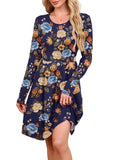 Chiclily Women's Long Sleeve Fall Dress Floral Casual Pleated Swing T-Shirt Dresses with Pockets