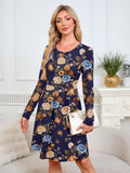 Chiclily Women's Long Sleeve Fall Dress Floral Casual Pleated Swing T-Shirt Dresses with Pockets