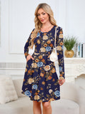 Chiclily Women's Long Sleeve Fall Dress Floral Casual Pleated Swing T-Shirt Dresses with Pockets