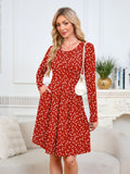 Chiclily Women's Long Sleeve Fall Dress Floral Casual Pleated Swing T-Shirt Dresses with Pockets