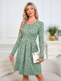 Chiclily Women's Long Sleeve Fall Dress Floral Casual Pleated Swing T-Shirt Dresses with Pockets